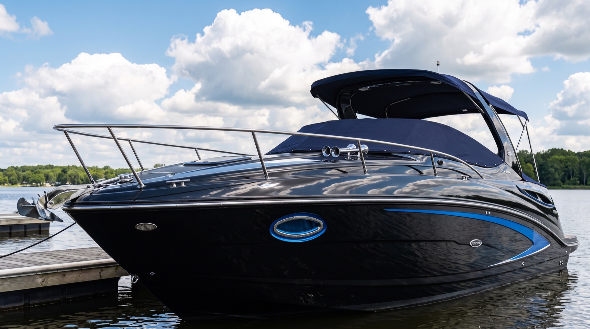 Marine detailing, czarny jacht motorowy po detailingu